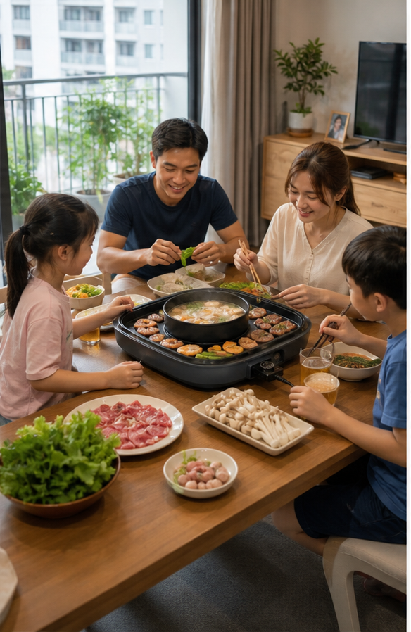 Bàn ăn gia đình dùng nồi lẩu nướng trong không gian thoáng.