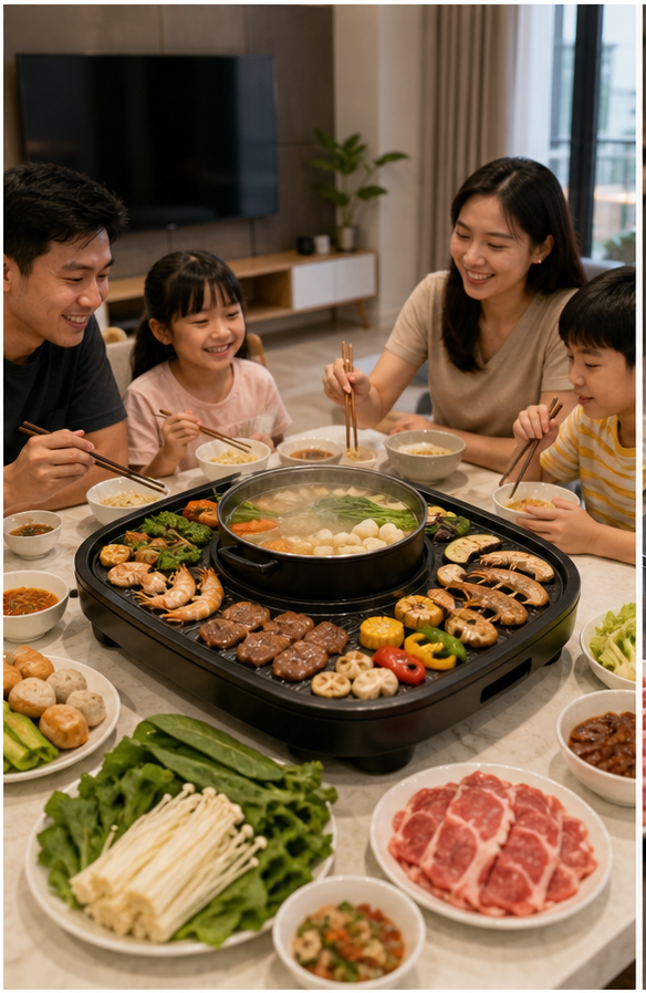 Nồi lẩu nướng phù hợp bữa ăn có cả nước dùng và món nướng.