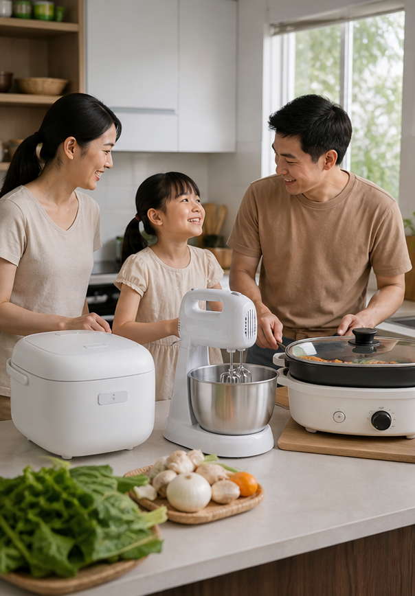 Sắp xếp nồi cơm điện và đồ bếp nhỏ theo thói quen dùng hằng ngày.