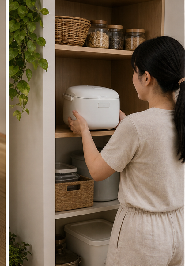 Chọn thiết bị bếp nhỏ có chỗ cất rõ ràng để dễ dùng thường xuyên.