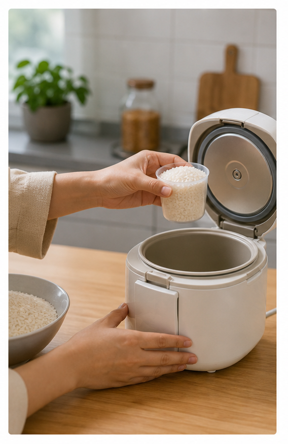 Đong lượng gạo theo số người ăn thật trong bữa hằng ngày.