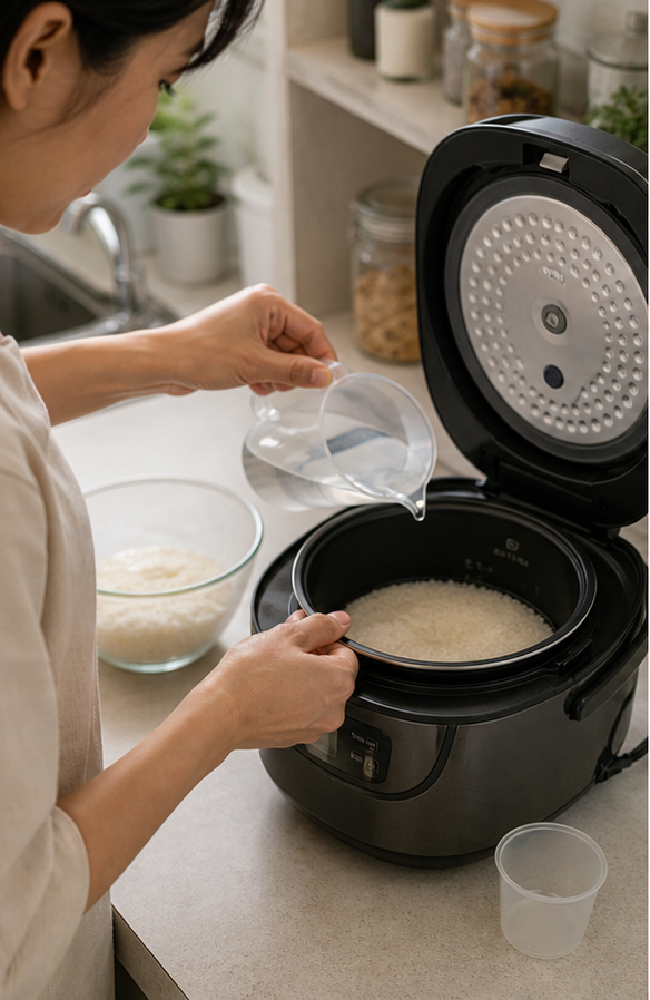 Đong nước và gạo ổn định để kiểm tra lỗi cơm khô hoặc nhão.