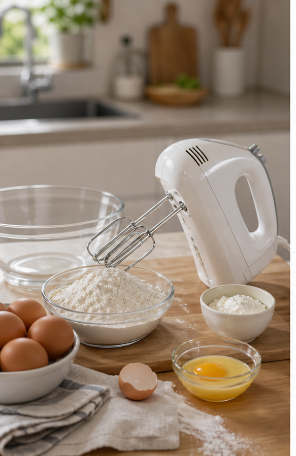 Chuẩn bị nguyên liệu và máy đánh trứng theo món bánh muốn làm.