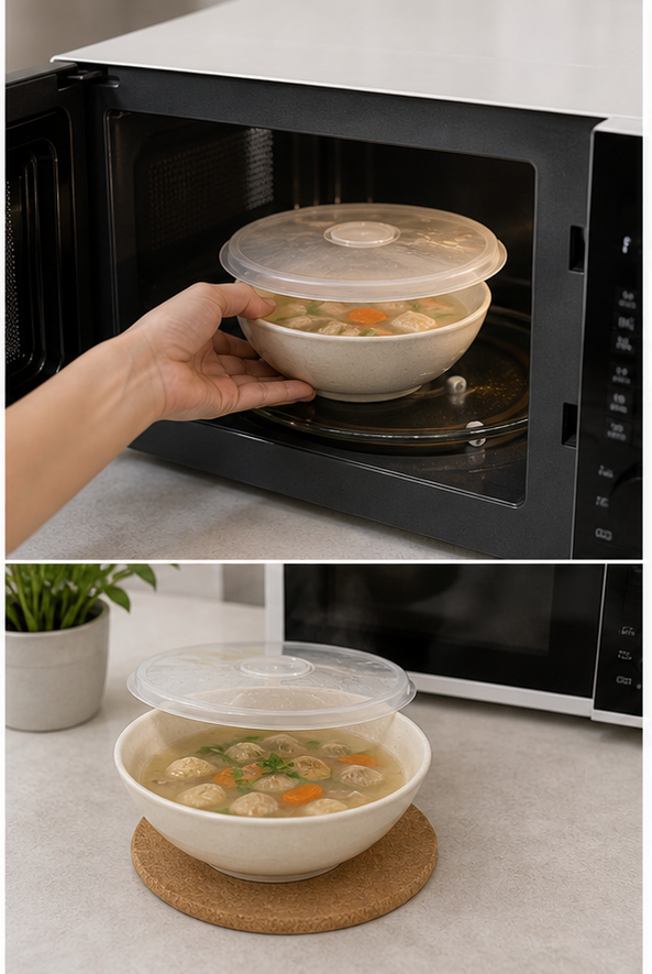 Che hở nắp và để món nghỉ sau khi hâm bằng lò vi sóng