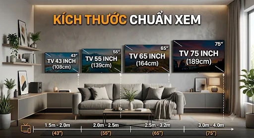 Sơ đồ hướng dẫn tính khoảng cách xem tivi an toàn theo số inch màn hình chuẩn khoa học