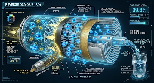 Sơ đồ nguyên lý hoạt động của màng lọc RO thẩm thấu ngược trong máy lọc nước