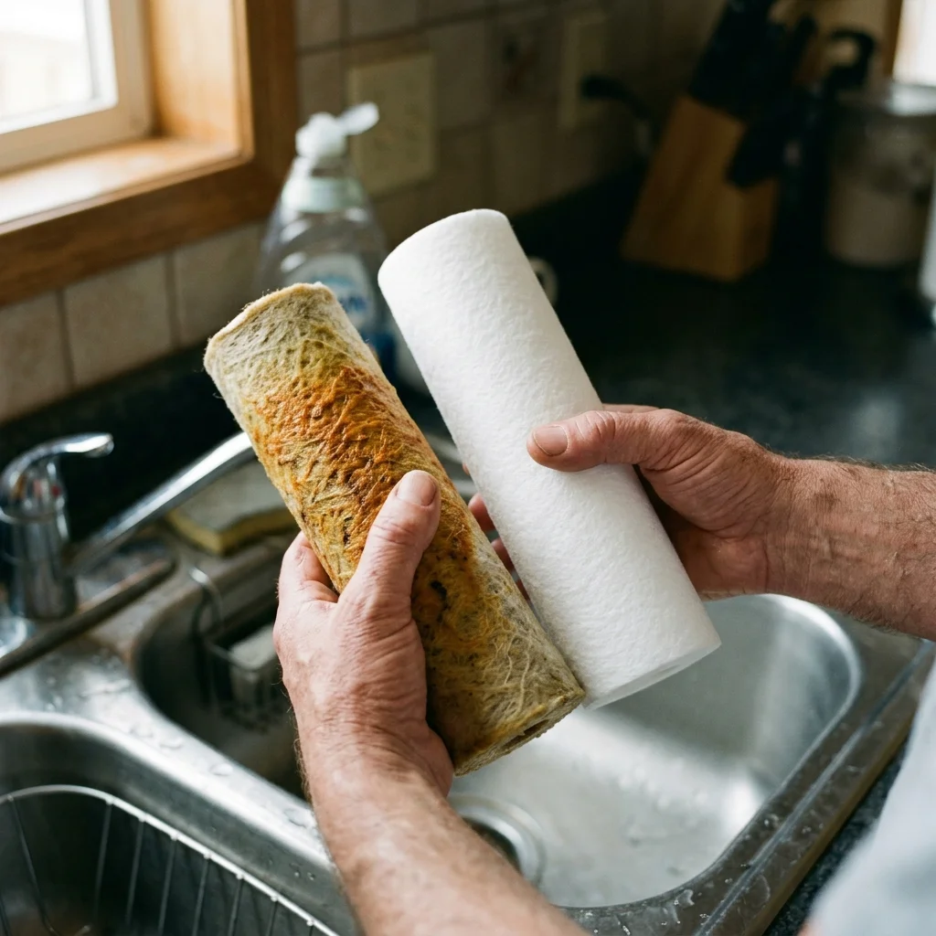 So sánh lõi lọc nước thô PP bị tắc bẩn rỉ sét màu vàng cam và lõi lọc mới