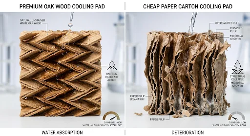 So sánh tấm làm mát Cooling Pad gỗ sồi tự nhiên chống mốc và tấm giấy carton thông thường