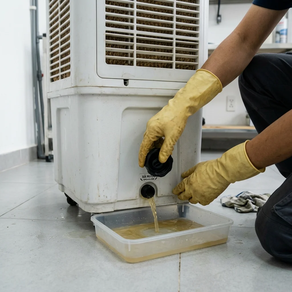 Hướng dẫn mở van xả đáy xả nước cặn vệ sinh quạt điều hòa hơi nước định kỳ
