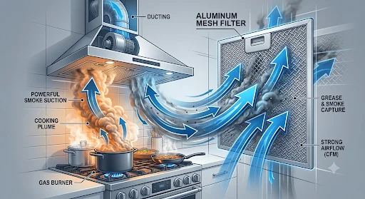 Sơ đồ luồng gió hút khói và hơi dầu mỡ của động cơ tuabin máy hút mùi